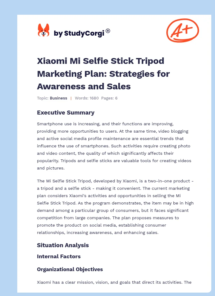 Xiaomi Mi Selfie Stick Tripod Marketing Plan: Strategies for Awareness and Sales. Page 1