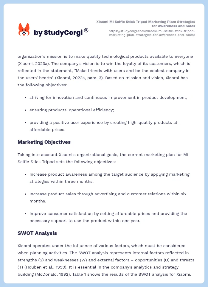 Xiaomi Mi Selfie Stick Tripod Marketing Plan: Strategies for Awareness and Sales. Page 2