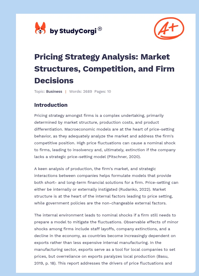 Pricing Strategy Analysis: Market Structures, Competition, and Firm Decisions. Page 1