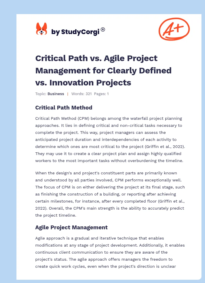 Critical Path vs. Agile Project Management for Clearly Defined vs. Innovation Projects. Page 1