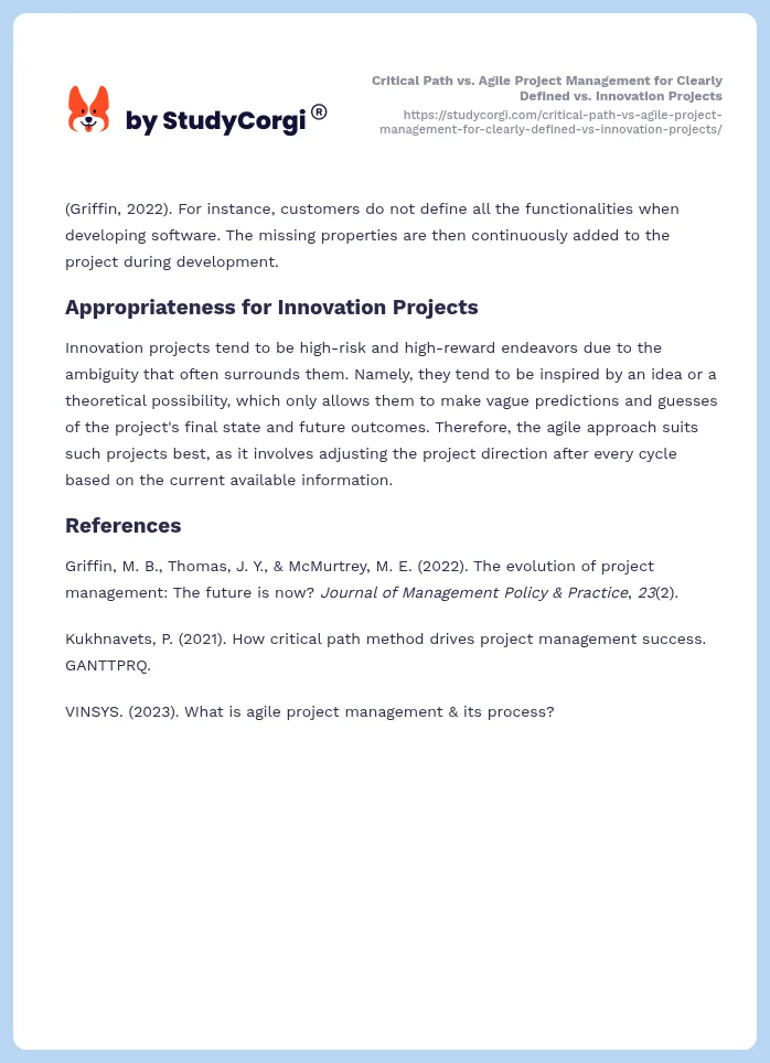 Critical Path vs. Agile Project Management for Clearly Defined vs. Innovation Projects. Page 2