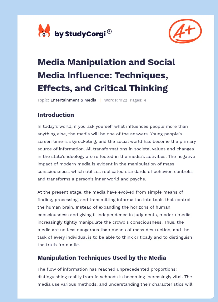 Media Manipulation and Social Media Influence: Techniques, Effects, and Critical Thinking. Page 1