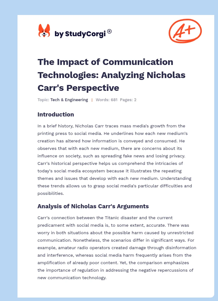 The Impact of Communication Technologies: Analyzing Nicholas Carr's Perspective. Page 1