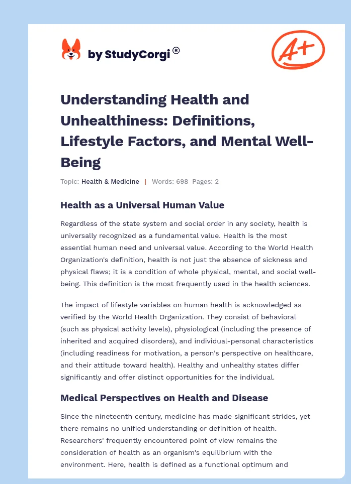 Understanding Health and Unhealthiness: Definitions, Lifestyle Factors, and Mental Well-Being. Page 1