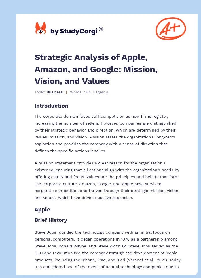 Strategic Analysis of Apple, Amazon, and Google: Mission, Vision, and Values. Page 1