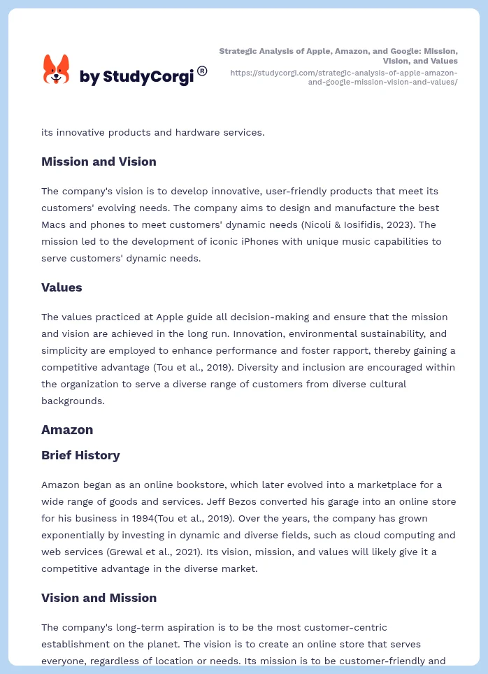Strategic Analysis of Apple, Amazon, and Google: Mission, Vision, and Values. Page 2