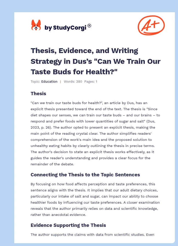 Thesis, Evidence, and Writing Strategy in Dus’s "Can We Train Our Taste Buds for Health?". Page 1