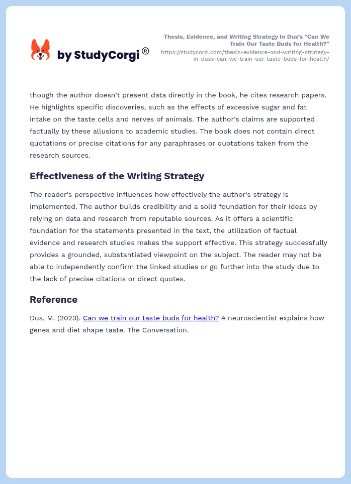 Thesis, Evidence, and Writing Strategy in Dus’s "Can We Train Our Taste Buds for Health?". Page 2