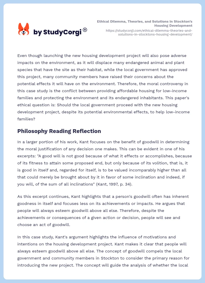 Ethical Dilemma, Theories, and Solutions in Stockton’s Housing Development. Page 2