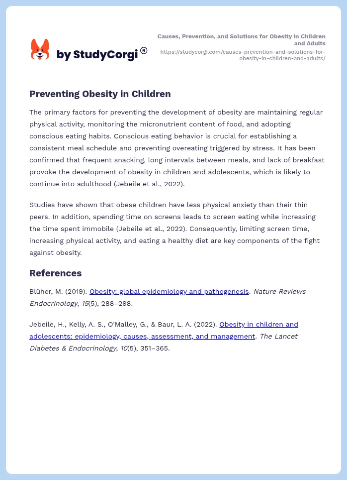 Causes, Prevention, and Solutions for Obesity in Children and Adults. Page 2