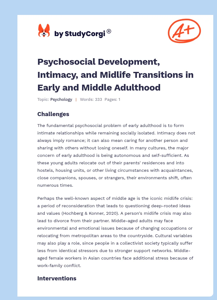 Psychosocial Development, Intimacy, and Midlife Transitions in Early and Middle Adulthood. Page 1