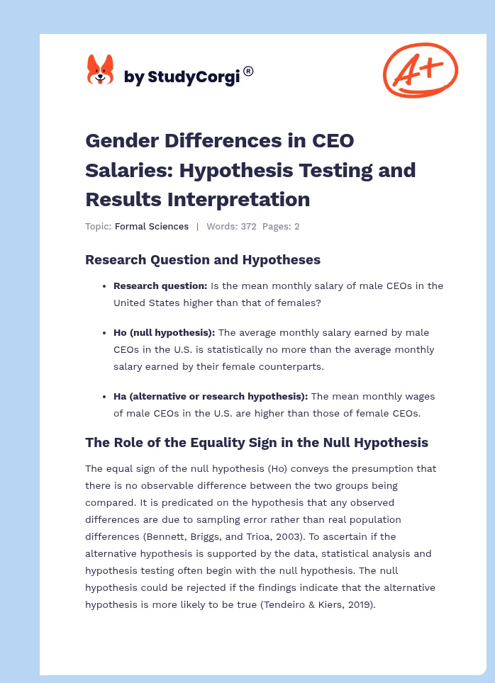 Gender Differences in CEO Salaries: Hypothesis Testing and Results Interpretation. Page 1