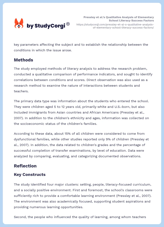 Pressley et al.’s Qualitative Analysis of Elementary School Literacy Success Factors. Page 2