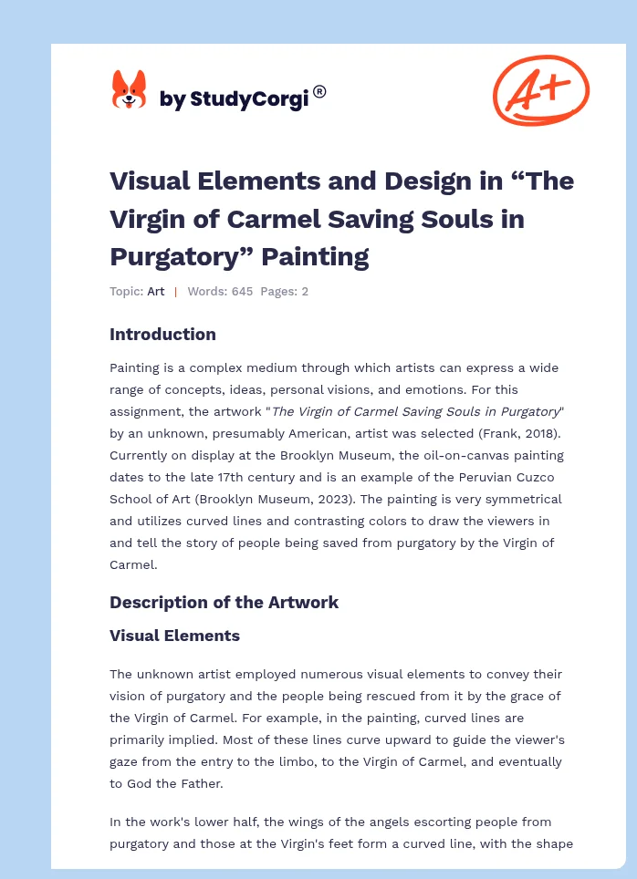 Visual Elements and Design in “The Virgin of Carmel Saving Souls in Purgatory” Painting. Page 1