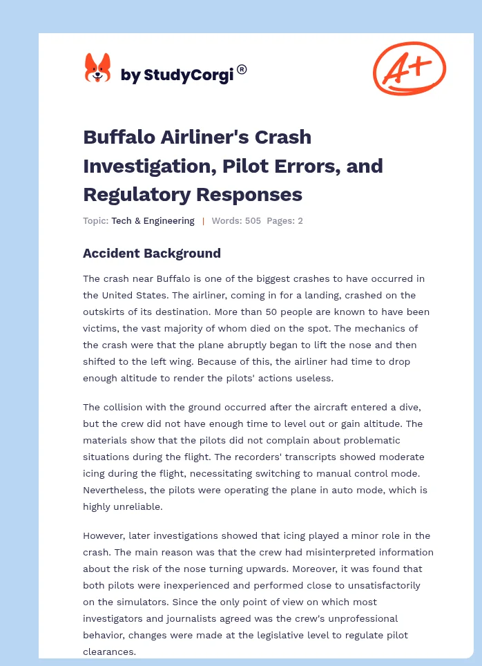 Buffalo Airliner's Crash Investigation, Pilot Errors, and Regulatory Responses. Page 1