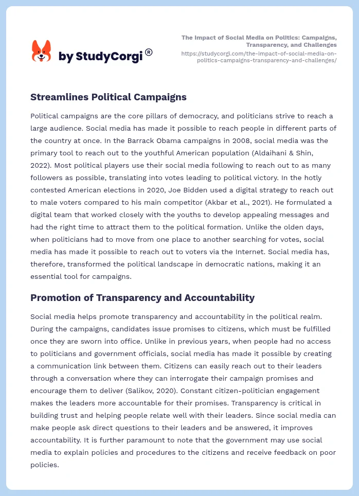 The Impact of Social Media on Politics: Campaigns, Transparency, and Challenges. Page 2