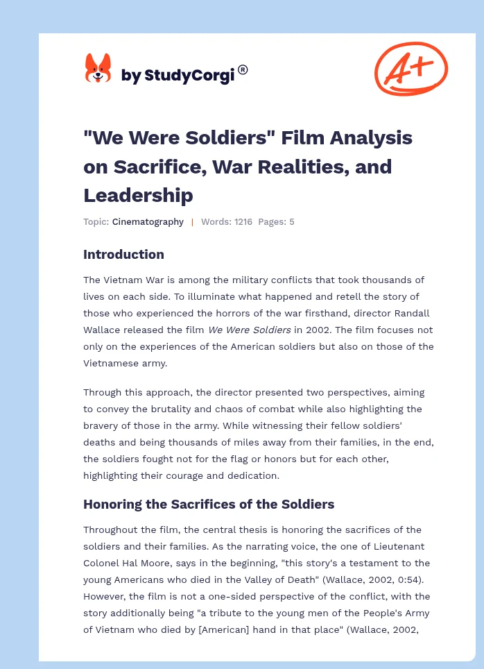 "We Were Soldiers" Film Analysis on Sacrifice, War Realities, and Leadership. Page 1
