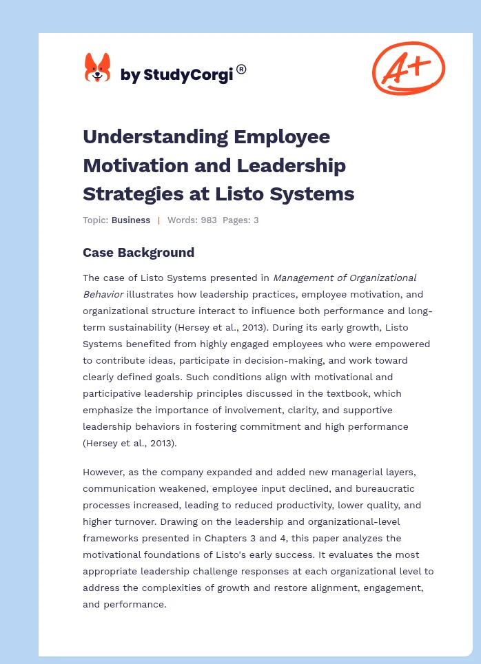 Understanding Employee Motivation and Leadership Strategies at Listo Systems. Page 1