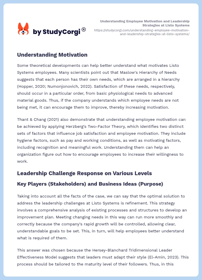 Understanding Employee Motivation and Leadership Strategies at Listo Systems. Page 2