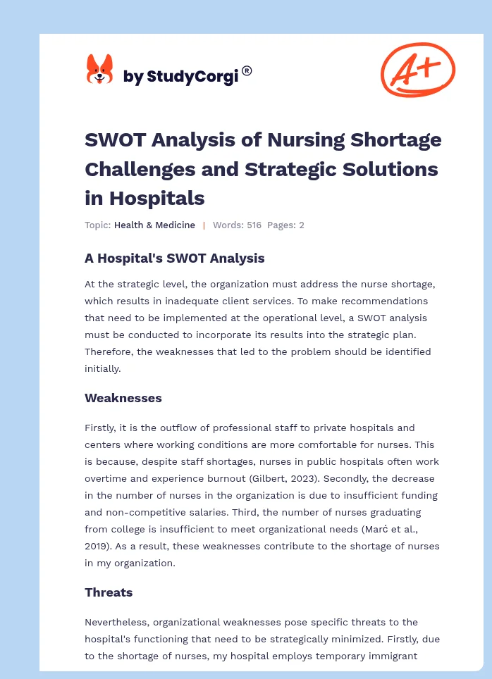 SWOT Analysis of Nursing Shortage Challenges and Strategic Solutions in Hospitals. Page 1