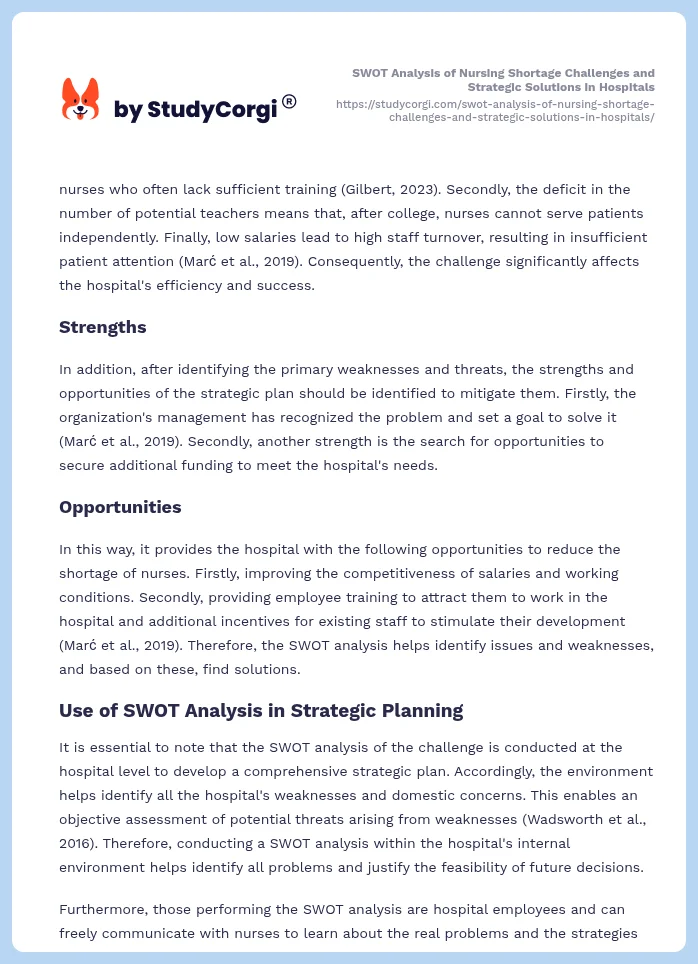 SWOT Analysis of Nursing Shortage Challenges and Strategic Solutions in Hospitals. Page 2