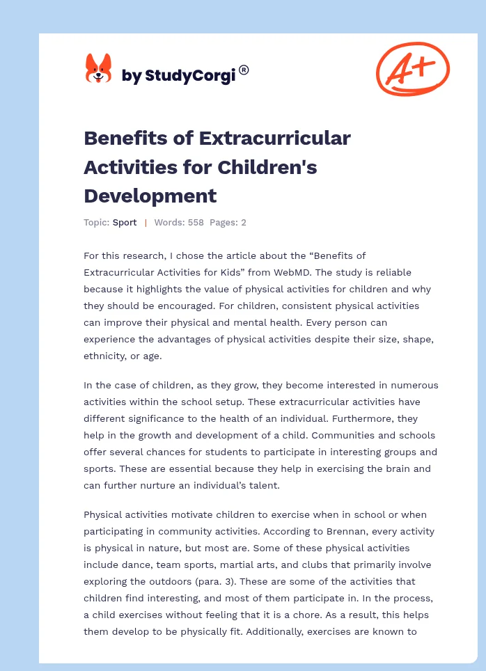 Benefits of Extracurricular Activities for Children's Development. Page 1