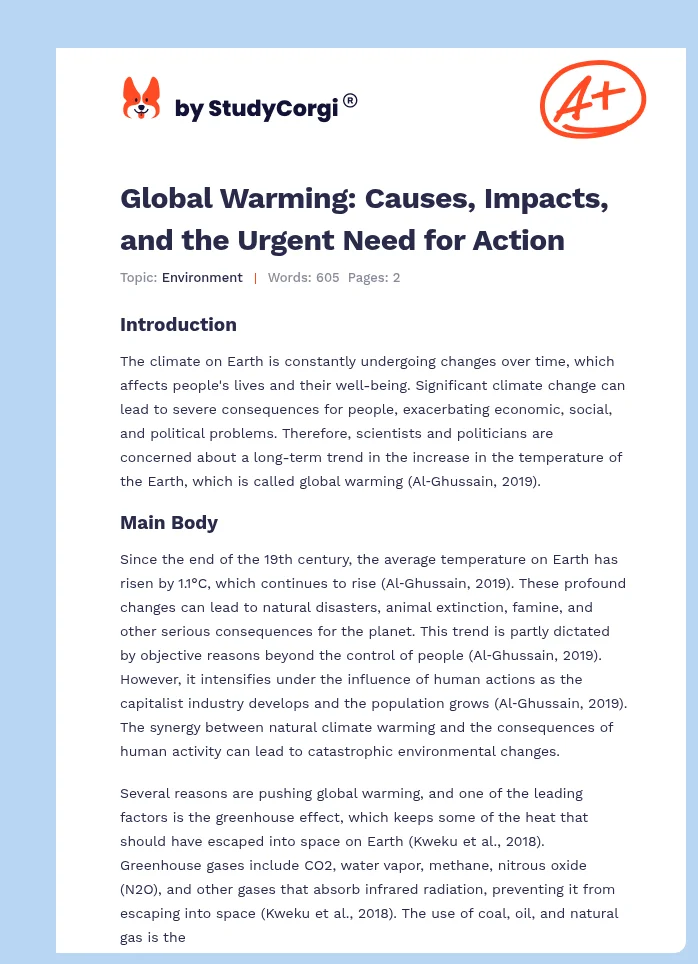 Global Warming: Causes, Impacts, and the Urgent Need for Action. Page 1