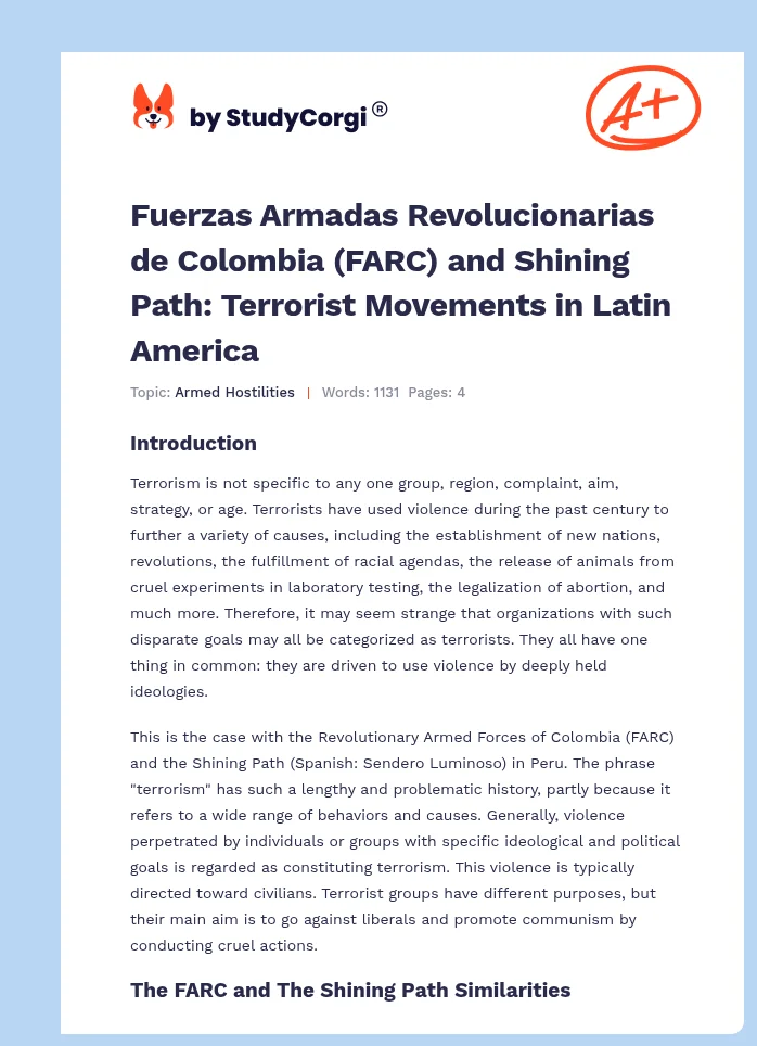 Fuerzas Armadas Revolucionarias de Colombia (FARC) and Shining Path: Terrorist Movements in Latin America. Page 1