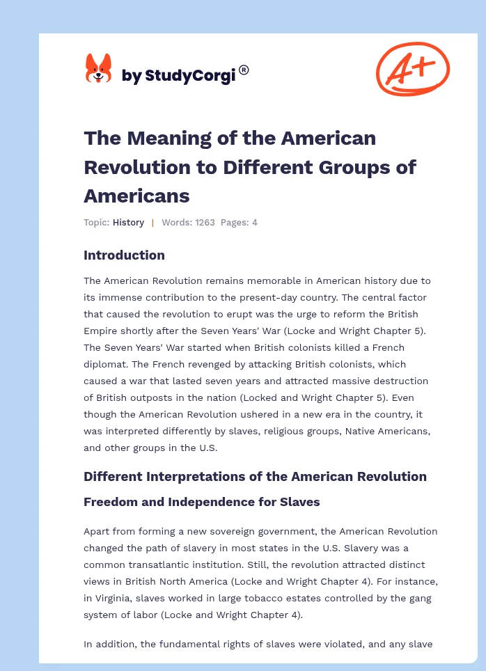 The Meaning of the American Revolution to Different Groups of Americans. Page 1