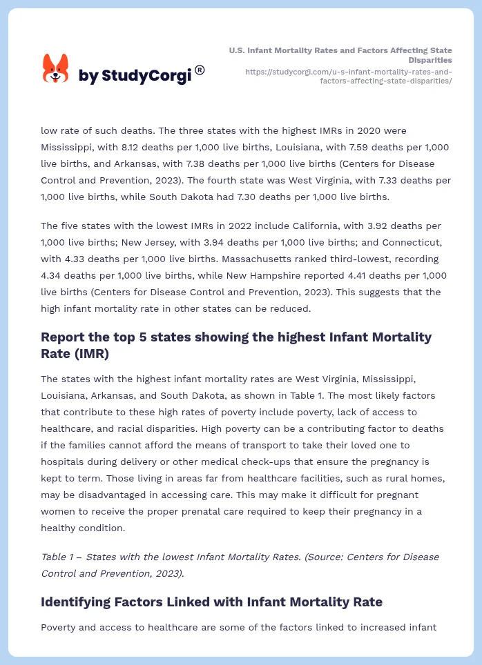 U.S. Infant Mortality Rates and Factors Affecting State Disparities. Page 2