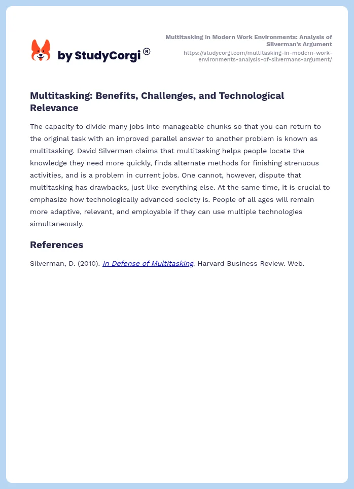 Multitasking in Modern Work Environments: Analysis of Silverman’s Argument. Page 2