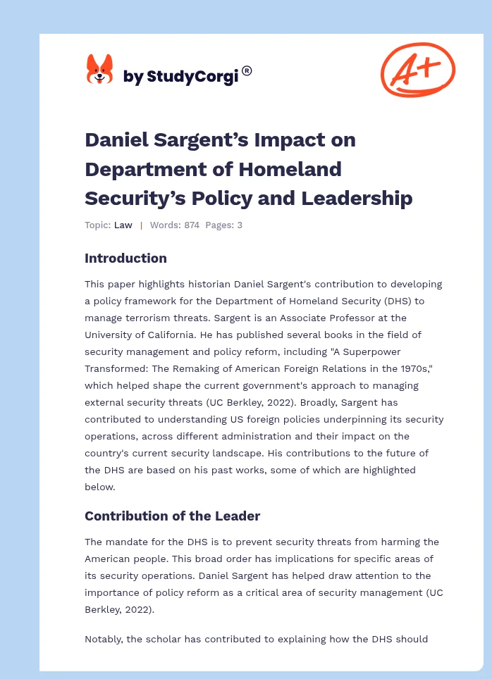 Daniel Sargent’s Impact on Department of Homeland Security’s Policy and Leadership. Page 1