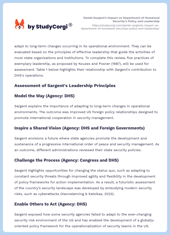 Daniel Sargent’s Impact on Department of Homeland Security’s Policy and Leadership. Page 2