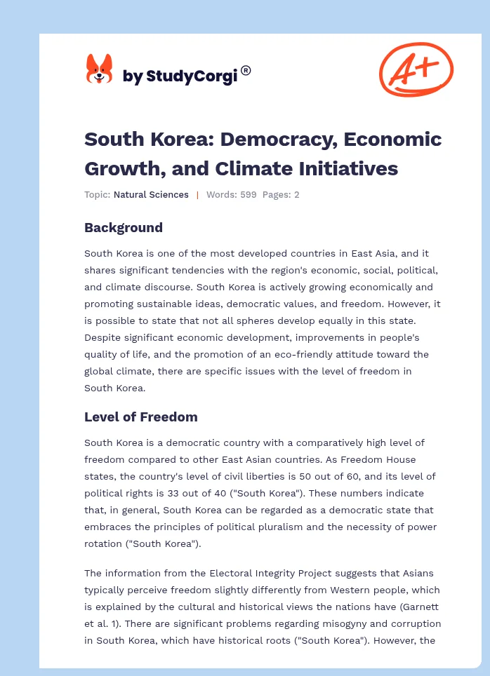South Korea: Democracy, Economic Growth, and Climate Initiatives. Page 1