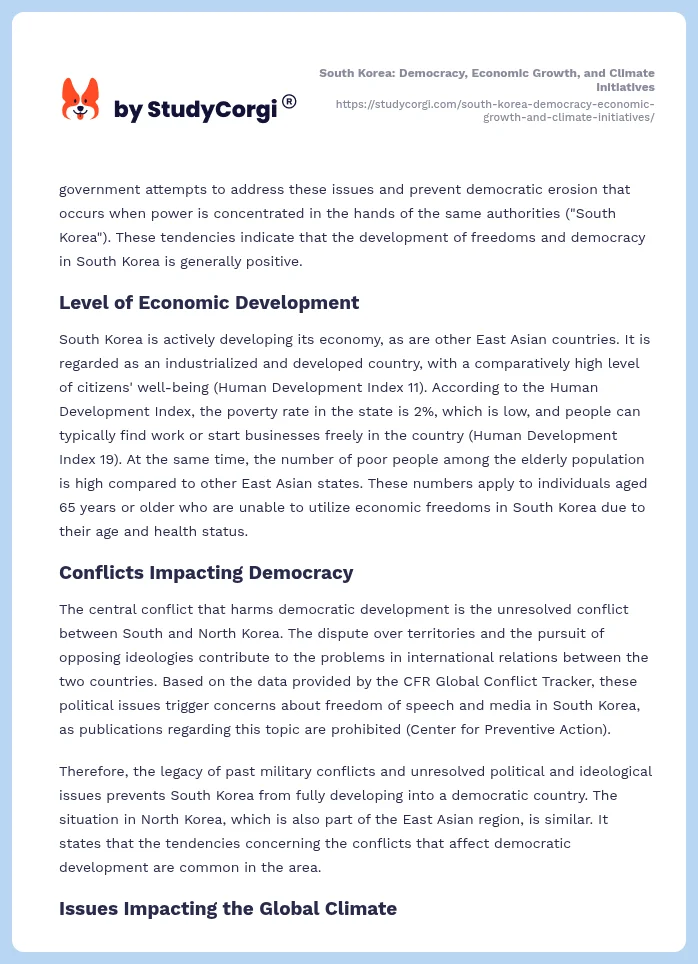 South Korea: Democracy, Economic Growth, and Climate Initiatives. Page 2
