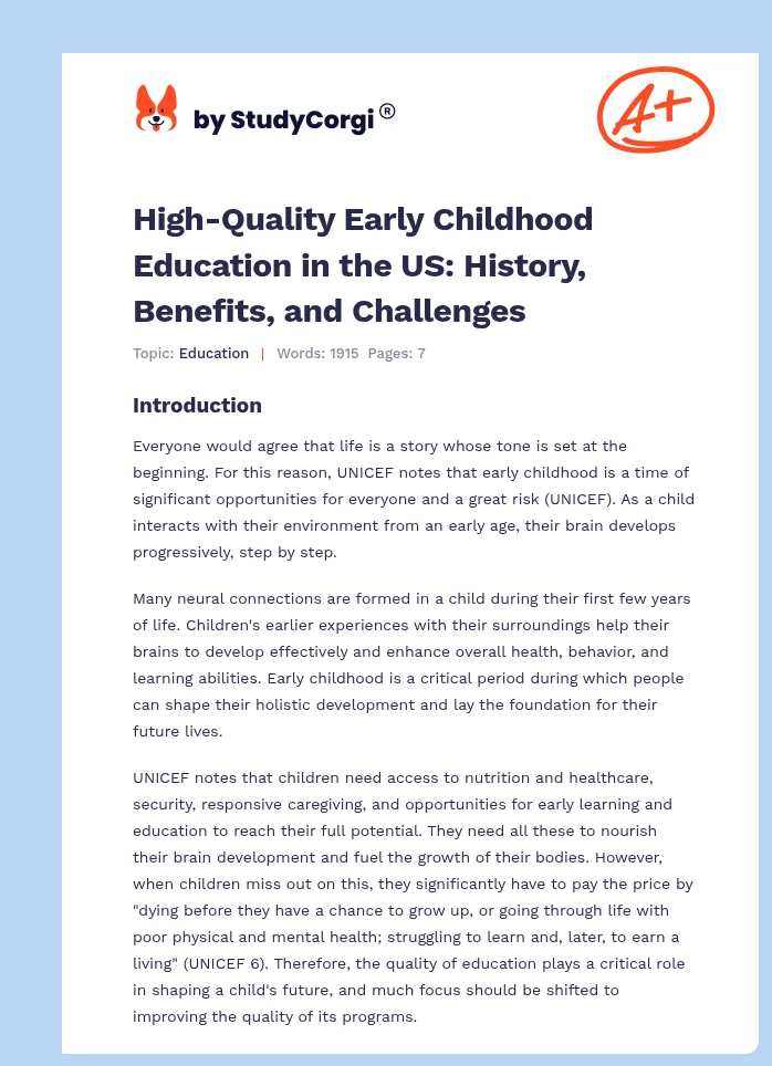 High-Quality Early Childhood Education in the US: History, Benefits, and Challenges. Page 1