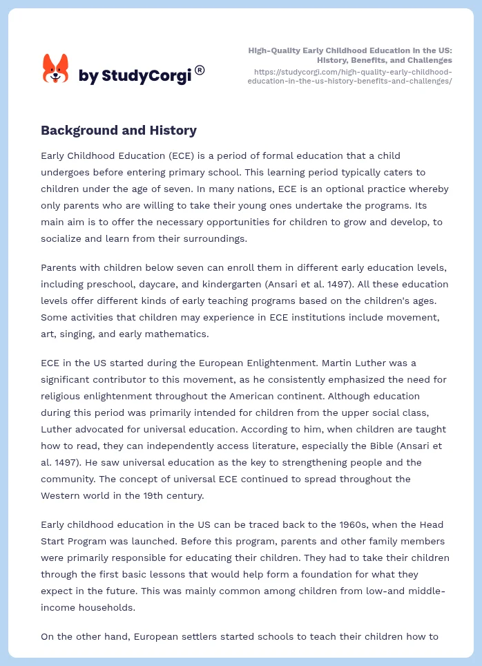High-Quality Early Childhood Education in the US: History, Benefits, and Challenges. Page 2