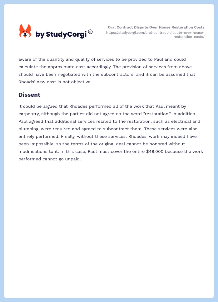 Oral Contract Dispute Over House Restoration Costs. Page 2