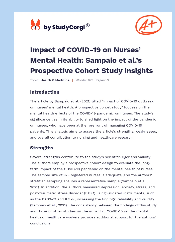 Impact of COVID-19 on Nurses’ Mental Health: Sampaio et al.’s Prospective Cohort Study Insights. Page 1