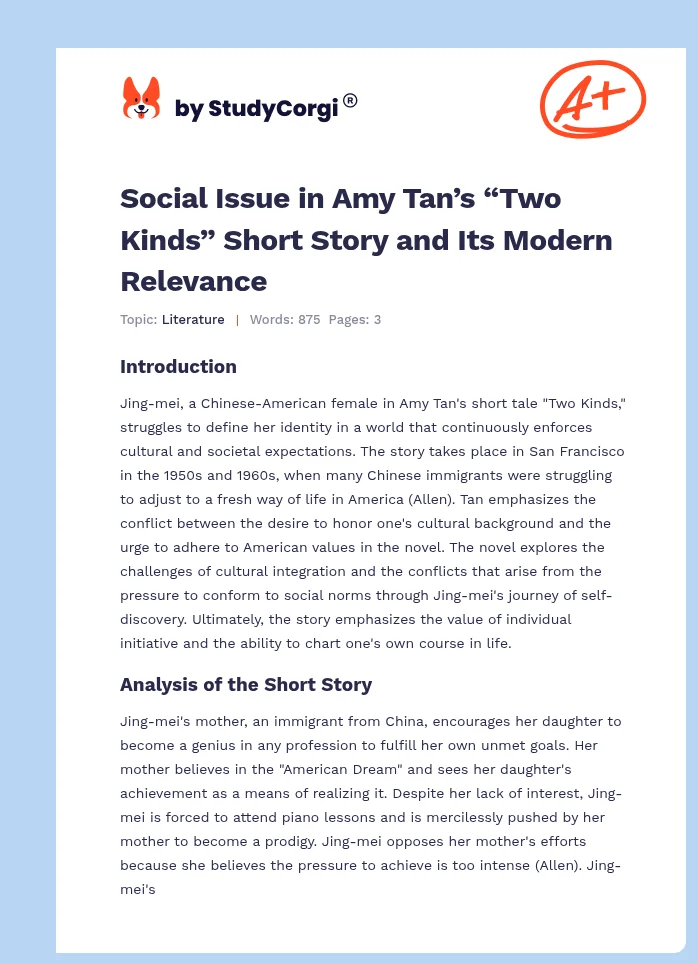 Social Issue in Amy Tan’s “Two Kinds” Short Story and Its Modern Relevance. Page 1