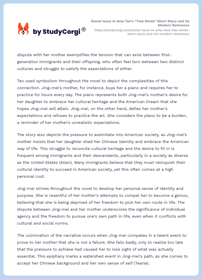 Social Issue in Amy Tan’s “Two Kinds” Short Story and Its Modern Relevance. Page 2