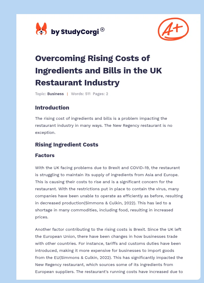 Overcoming Rising Costs of Ingredients and Bills in the UK Restaurant Industry. Page 1