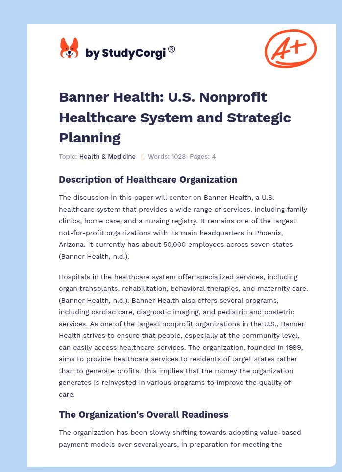 Banner Health: U.S. Nonprofit Healthcare System and Strategic Planning. Page 1