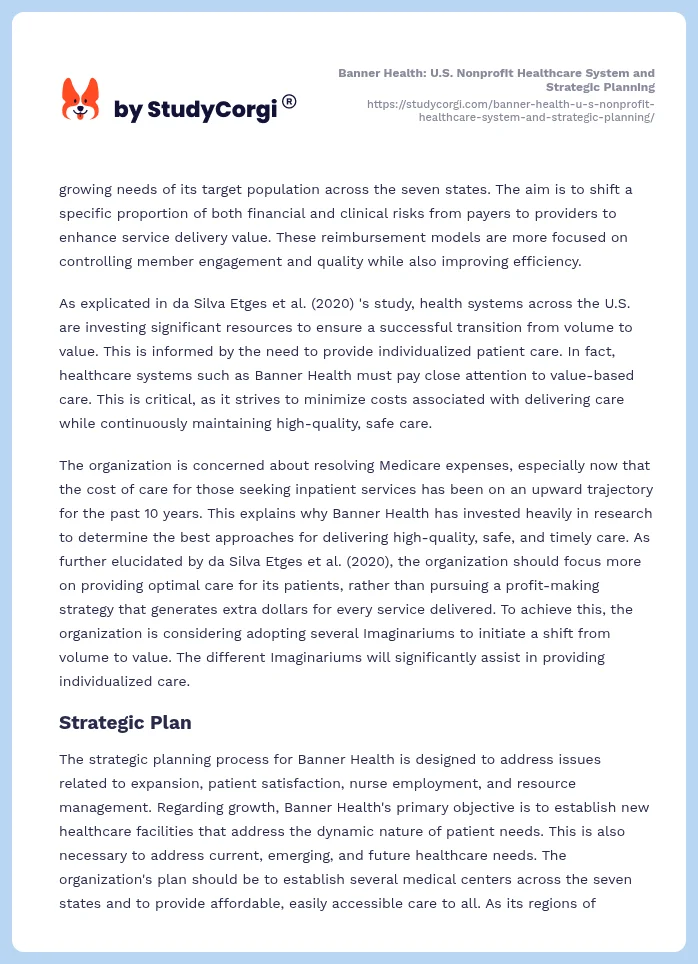 Banner Health: U.S. Nonprofit Healthcare System and Strategic Planning. Page 2