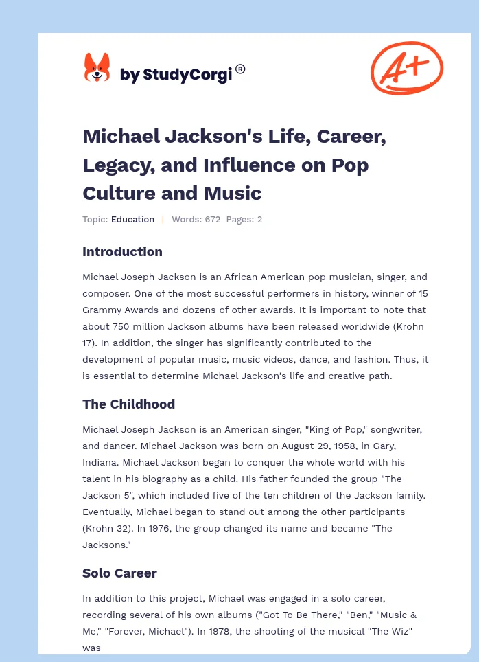 Michael Jackson's Life, Career, Legacy, and Influence on Pop Culture and Music. Page 1