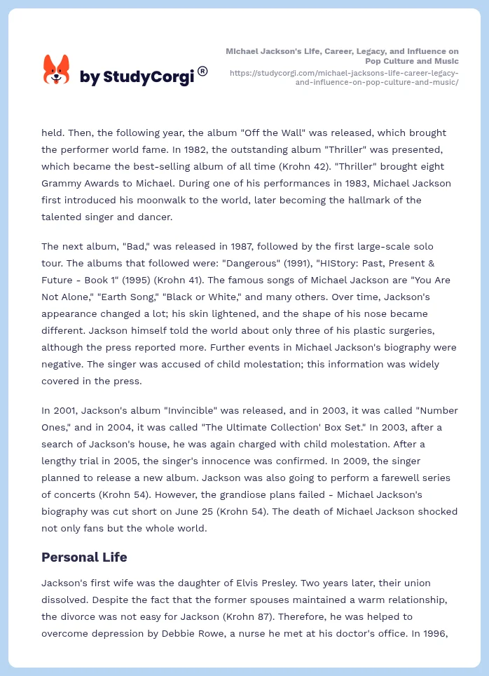 Michael Jackson's Life, Career, Legacy, and Influence on Pop Culture and Music. Page 2