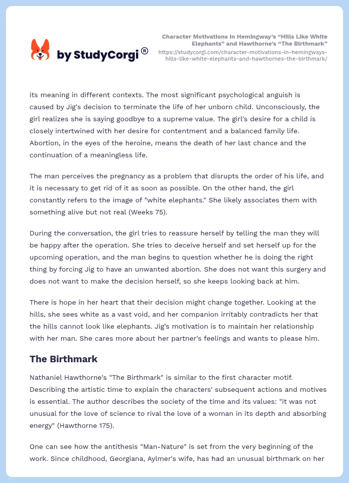 Character Motivations in Hemingway’s “Hills Like White Elephants” and Hawthorne’s “The Birthmark”. Page 2
