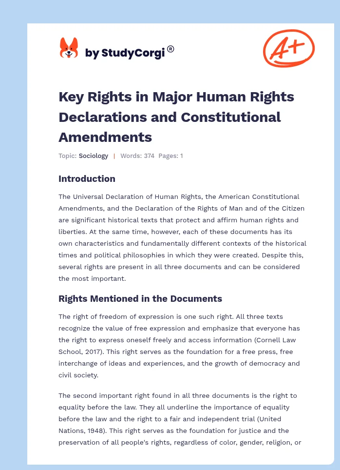Key Rights in Major Human Rights Declarations and Constitutional Amendments. Page 1