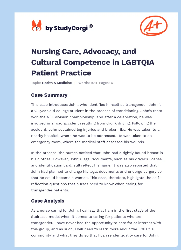 Nursing Care, Advocacy, and Cultural Competence in LGBTQIA Patient Practice. Page 1