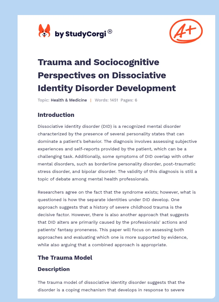 Trauma and Sociocognitive Perspectives on Dissociative Identity Disorder Development. Page 1